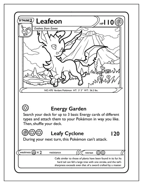 Leafeon předvádí listový cyklon na kartě Pokémon.