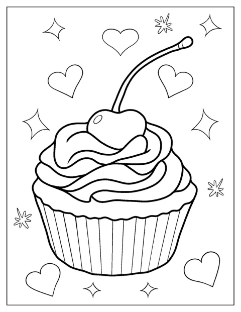 Simple Cupcake With Whipped Cream And Cherry Coloring Page On Top