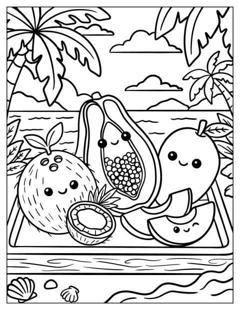 Een kokosnoot, papaja en mango liggen samen op het strand.