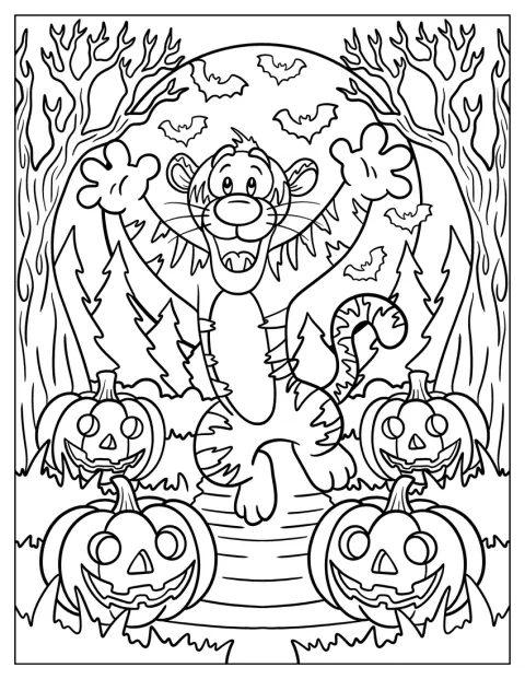 Tygr skáče po cestě lemované halloweenskými dýněmi.