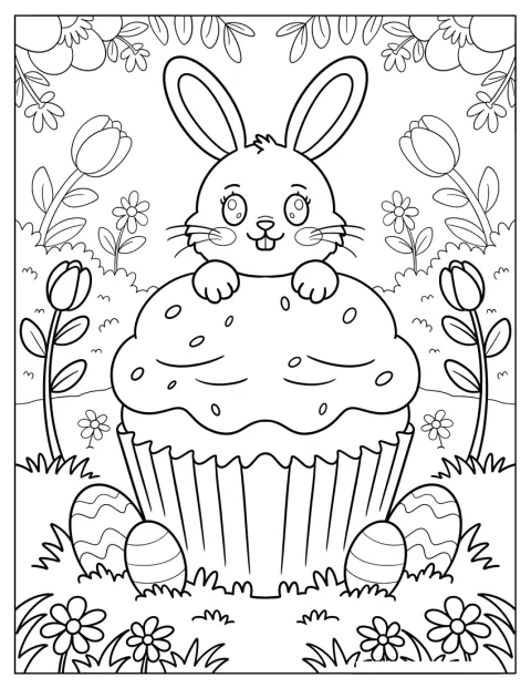 Ein Häschen hält einen großen Cupcake, umgeben von Ostereiern.