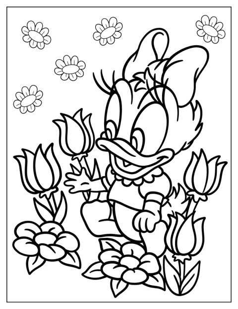 Junto a unas flores, aparece Daisy Duck.