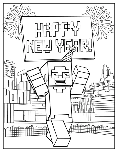 Minecraft Steveが新年のお祝いを楽しんでいます。