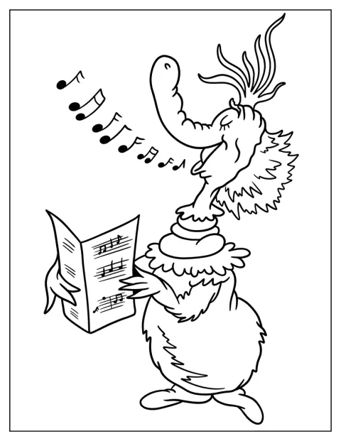 Uma personagem Thing segura uma partitura enquanto canta.