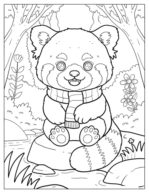 In het bos draagt een rode panda een warme, gestreepte sjaal.