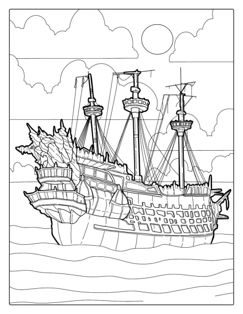 La Perla Negra, el barco pirata, navega con sus velas desplegadas.