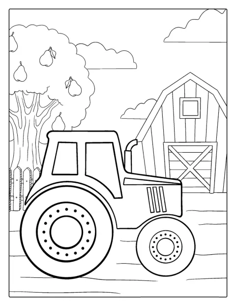 Ein kindgerecht gezeichneter Traktor ist von der Seite zu sehen.