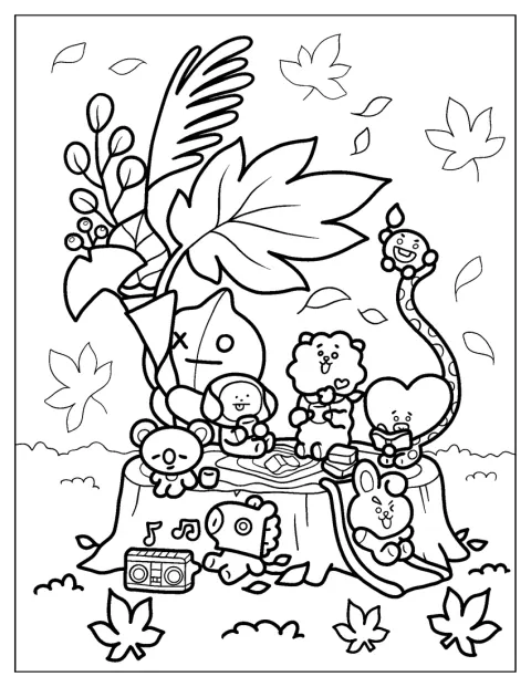 Los amigos de BT21 se sientan juntos sobre un tocón de árbol.