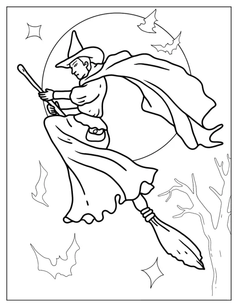 Eine böse Hexe fliegt auf ihrem Besen durch die Luft.