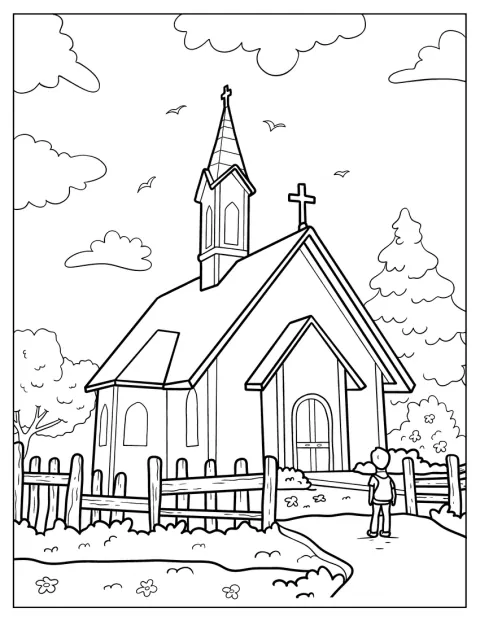 Ein kleiner Junge steht vor dem Gebäude einer Kirche.