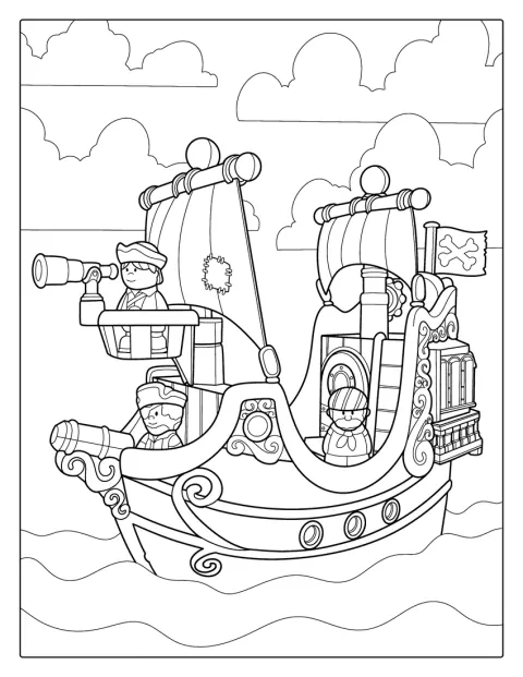 Et piratskib med mange detaljer sejler på havet.