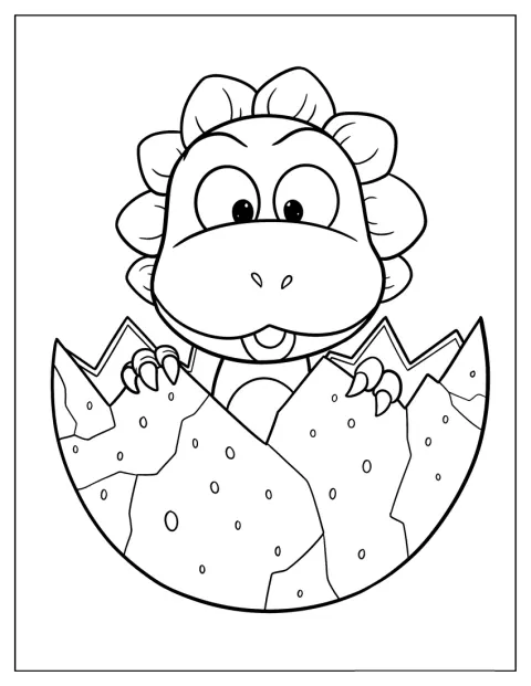 Kawaii dinosauří mládě vykukuje z velkého vejce.