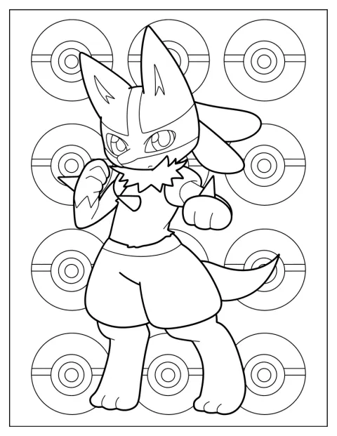 Un Lucario bebé frunce el ceño con varias Poké Balls al fondo.