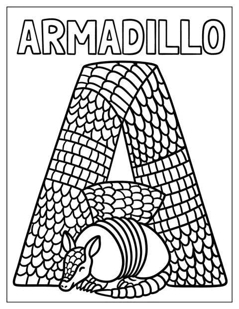 Un armadillo de escamas acompaña a la letra A.