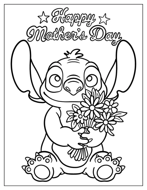 Stitch kantaa kukkakimppua äitienpäivänä.