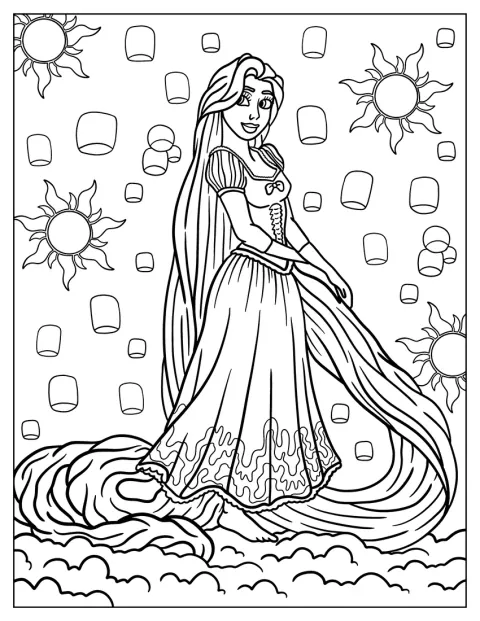 Rapunzel står omgivet af svævende lanterner.