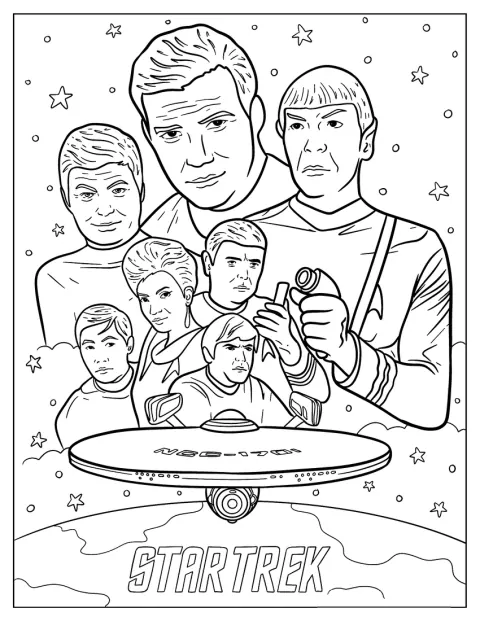 Amiralul Kirk, Spock, Pavel, Christopher, Nyota, Leonard și Hikaru apar împreună pe un afiș.