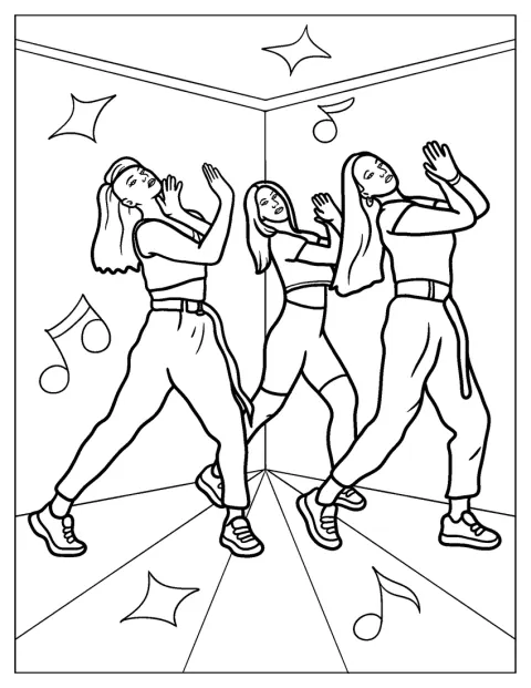 Tre kvinder danser hiphop sammen i et dansestudie.