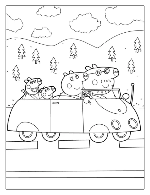 ペッパピッグの家族が、車に乗ってお出かけしています。