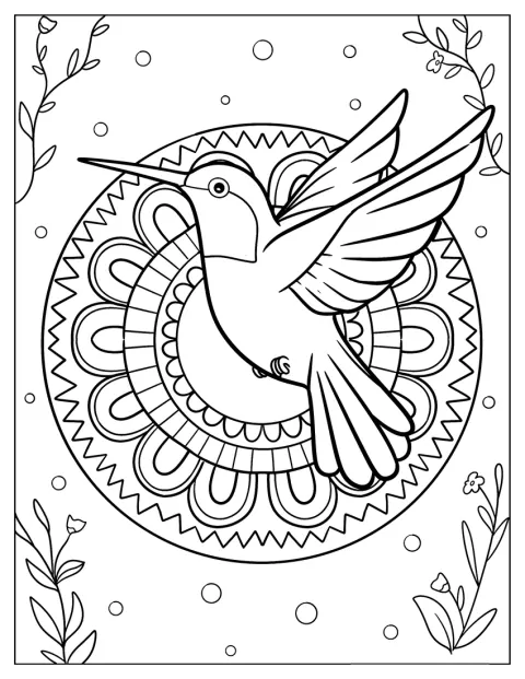 Egy egyszerű kolibri repül egy mandala előtt.