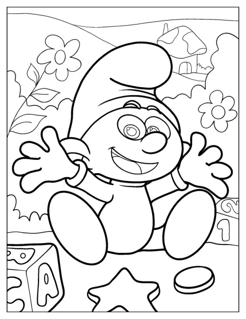Angelo Baby Smurf sitter alene.