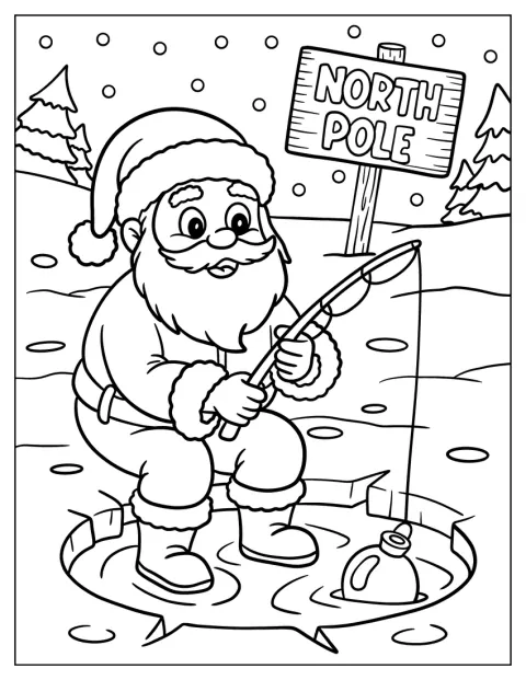 Chibi-Santa sitzt auf dem Eis und angelt durch ein Loch.