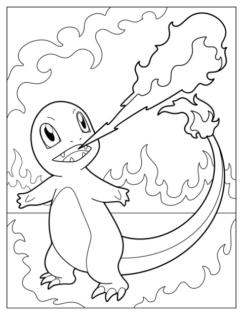 Charmander blåser en flamme ut av munnen.
