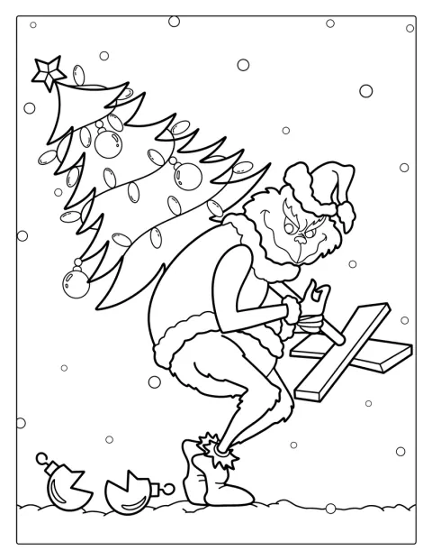 The Grinch Stealing a Christmas Tree Coloring Sheet