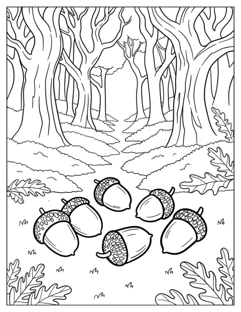 Varias bellotas están en el suelo del bosque, junto a un sendero y árboles altos.