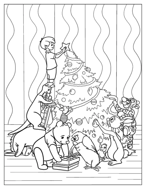 プーさんと仲間たちが、クリスマスツリーに飾りを付けています。