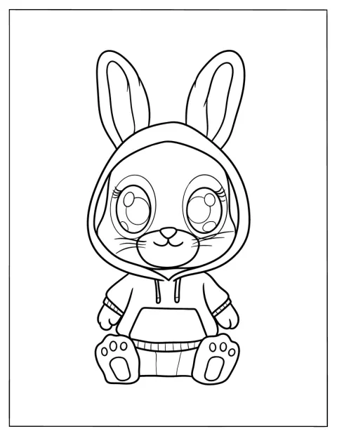 Ein Hase trägt einen Kapuzenpullover und steht aufrecht.