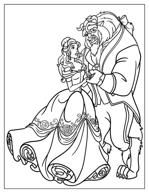 Belle en Beast staan samen in een gedetailleerde lijntekening.