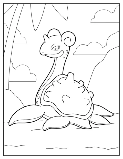 Lapras befindet sich am Strand und blickt aufs Meer.