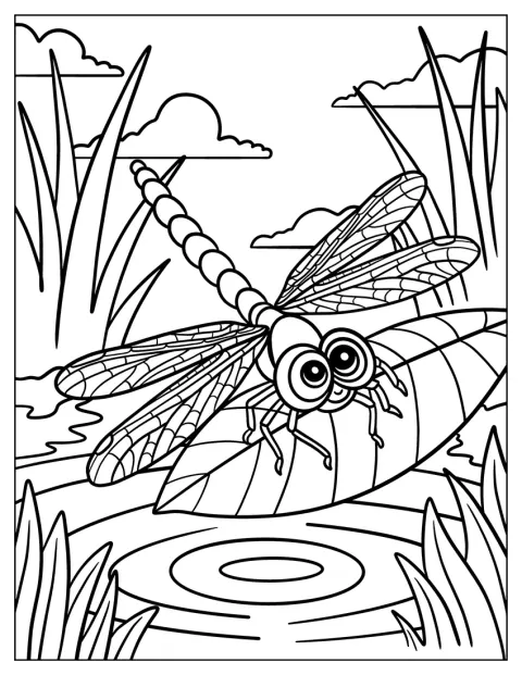 Une libellule se pose sur une feuille surplombant l’eau.