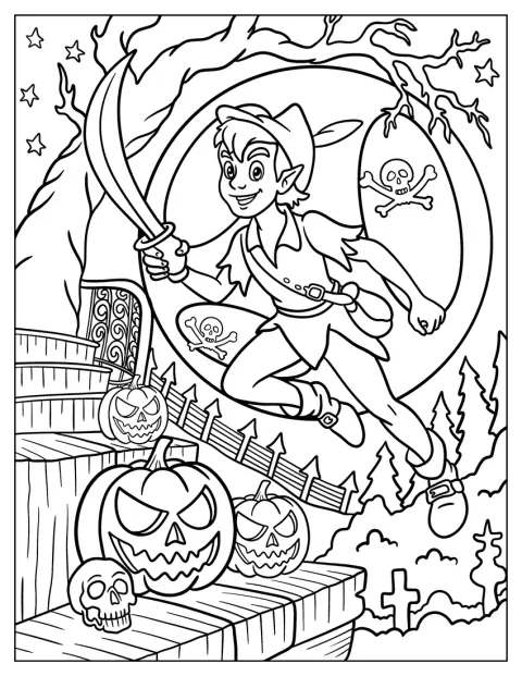 Peter Pan flyger genom natten med ett piratsvärd i handen.