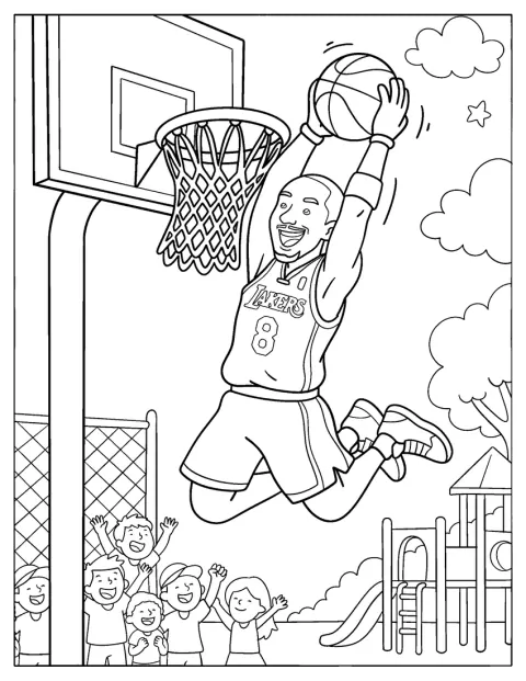 En tegnet Kobe Bryant dunker bolden, mens folk jubler omkring banen.