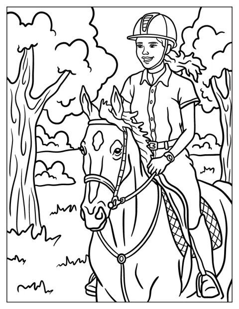 Une fillette souriante monte à cheval au milieu de la forêt.
