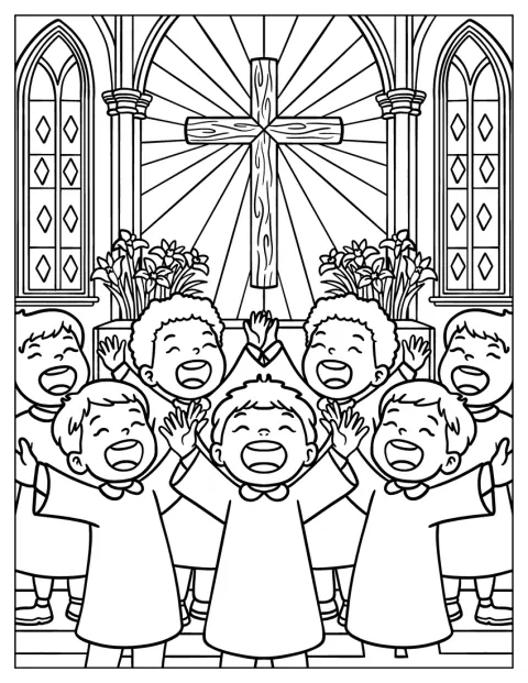 Religious Easter Coloring Page of Children's Choir Singing in Church