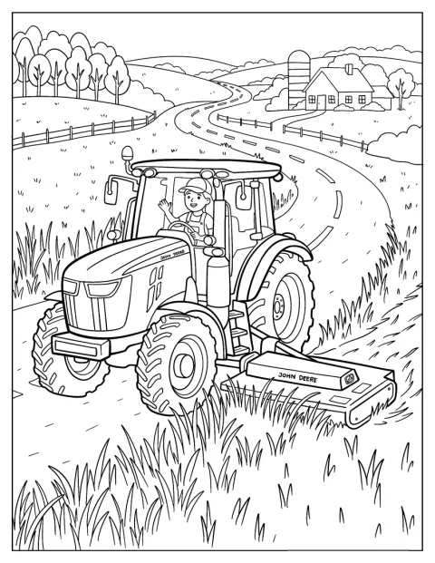 Um trator John Deere corta a relva junto a uma estrada rural panorâmica.