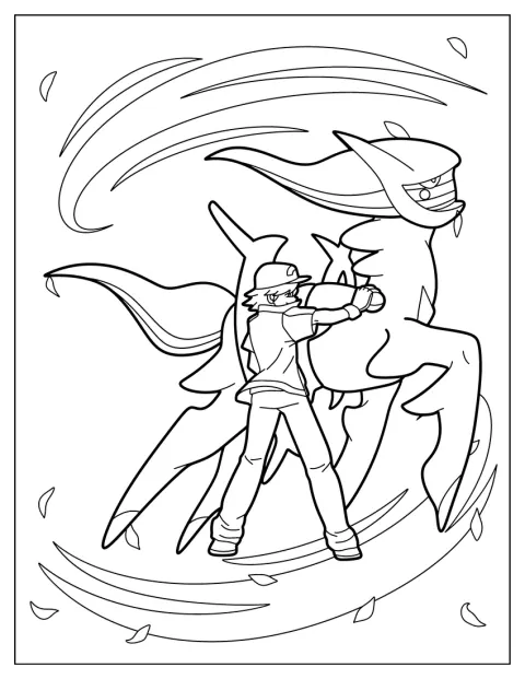 Sacha tente de capturer Arceus avec une Poké Ball.