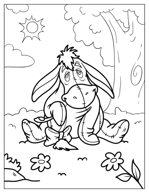 Eeyore está sentado tranquilamente en un campo.