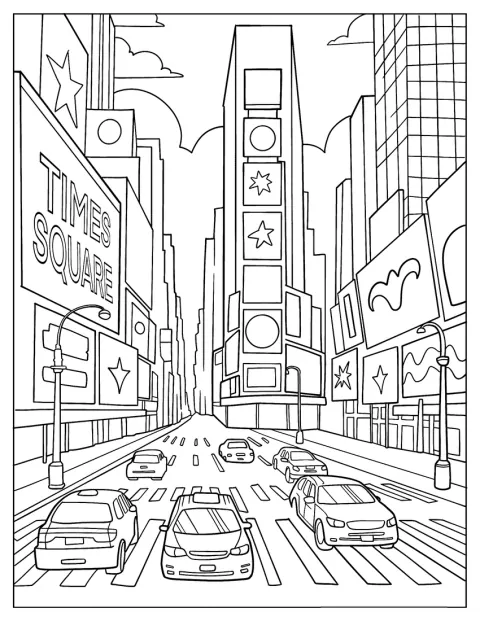 Il traffico scorre tra gli alti edifici di Times Square a New York.