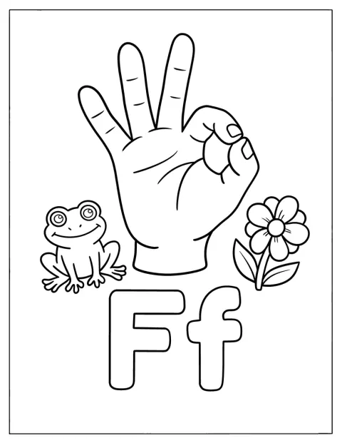 Une main forme la lettre F en langue des signes, près d’une grenouille et d’une fleur.