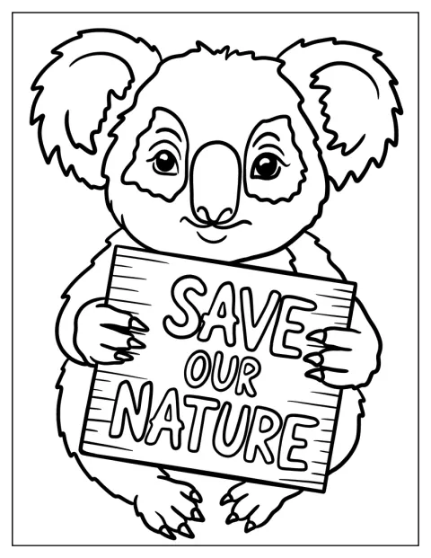 Koala drží ceduli s výzvou k ochraně přírody.