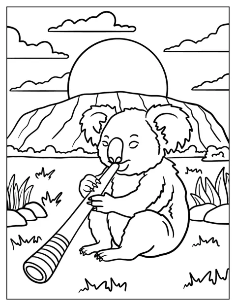 Een koala speelt op een didgeridoo.
