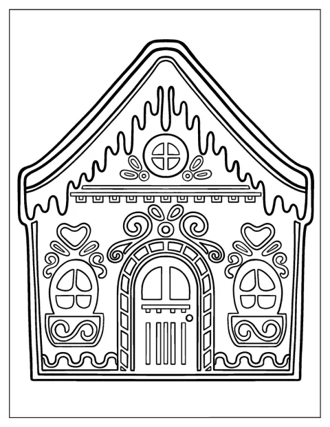 窓やドアを備えた、かわいらしいジンジャーブレッドハウスが描かれています。
