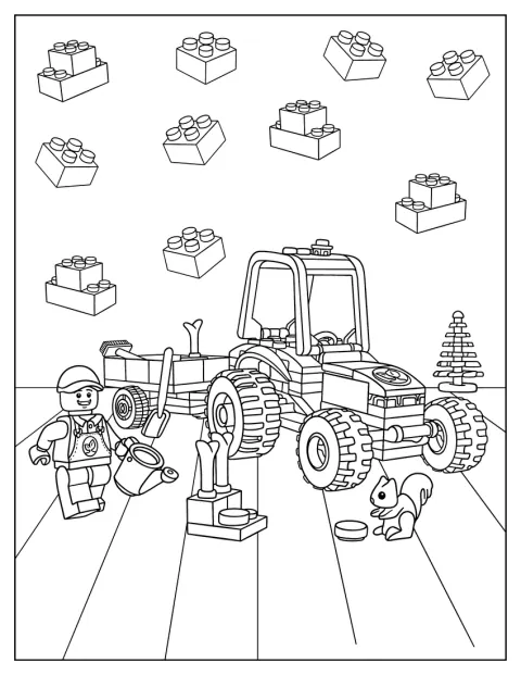 Traktor LEGO City pracuje w parku, poruszając się pośród drzew i ścieżek.