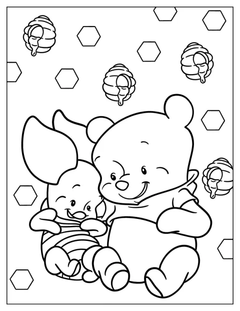 Winnie de Pluș, înfățișat ca bebeluș, este alături de Piglet.