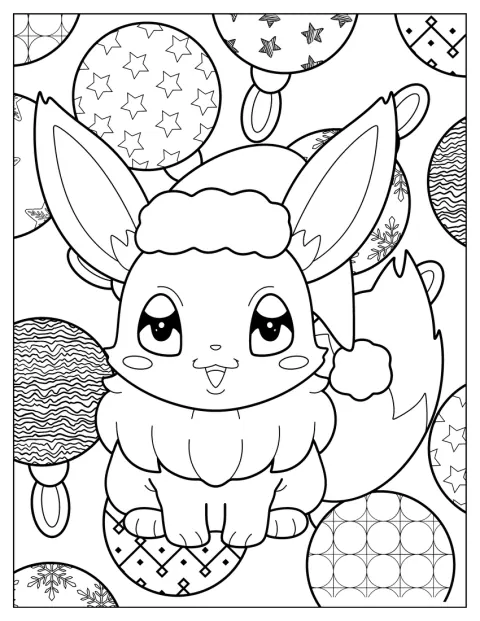 Eevee sedí před pozadím ozdobeným vánočními baňkami.