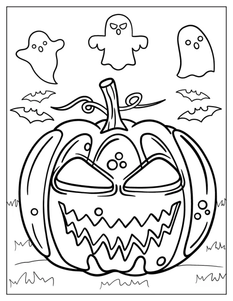 ハロウィーンのジャック・オー・ランタンの周りを、おばけたちが漂っています。
